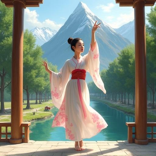 Young woman in a white kimono with pink patterns. Standing on wooden bridge. Arms raised. Elegant dance pose. Ponytail hairstyle. Confident expression. Tranquil courtyard. Green trees and lawns. Brown pillars. Stone slab ground. Realistic style. Warm atmosphere.