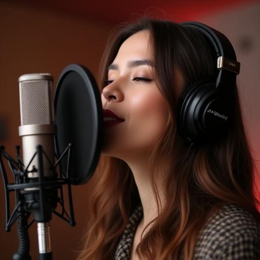 Beautiful woman singing in a recording studio. A microphone is in front of her. She wears headphones. The studio has a warm ambiance.