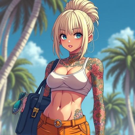 Anime style illustration of a young woman with light blonde hair in a high bun. She has blue eyes and colorful tattoos. The setting is a luxurious Burberry store with palm trees in the background. The woman wears modern streetwear and carries a handbag while shopping.