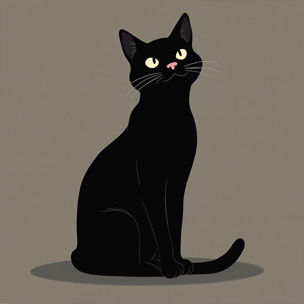 Stylized black cat depicted in a flat design. Cat has a simple, cute expression and sits upright. The background is a muted gray.