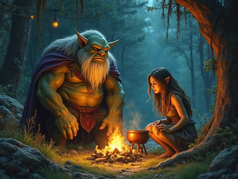 Digital painting shows a grumpy troll guarding his cave. A female elf cooks soup over a campfire. Set in an enchanted forest. Whimsically detailed scene depicted.