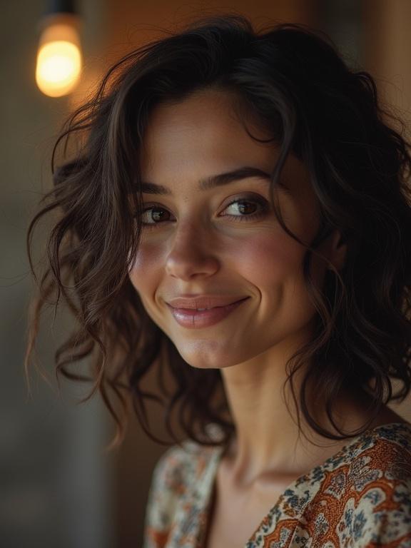 A female figure with wavy hair is captured in soft warm lighting. The focus is on the silhouette and hairstyle, creating an intimate atmosphere. Background indicates a cozy indoor setting with soft colors and warm light.