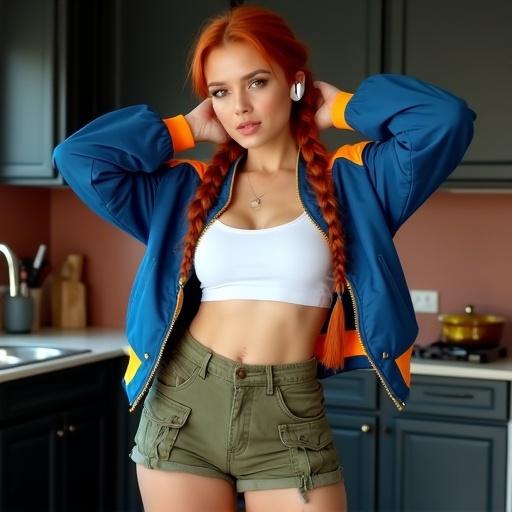 Woman with red hair in two braids stands in the kitchen. She wears a white crop top and olive green shorts. A blue bomber jacket with orange and yellow accents completes her outfit. Hands are raised behind head. Looking towards camera. White wireless earbuds in ears. Kitchen features dark cabinets and reddish-brown backsplash. Daytime lighting illuminates the scene.