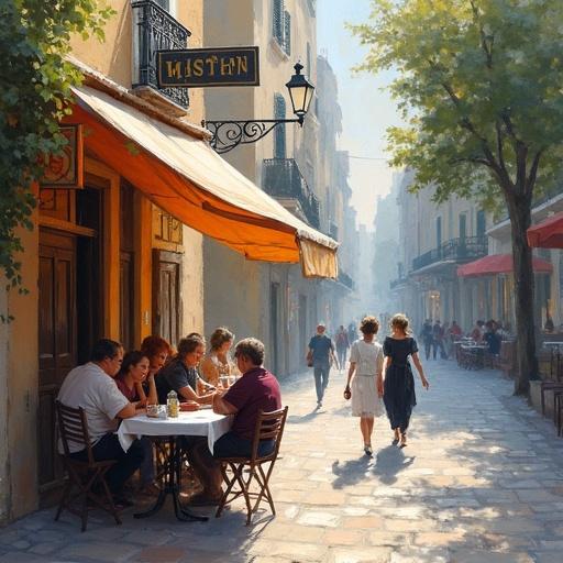 Impressionist oil painting shows street cafe lively atmosphere with patrons socializing and walking along a sunny street.