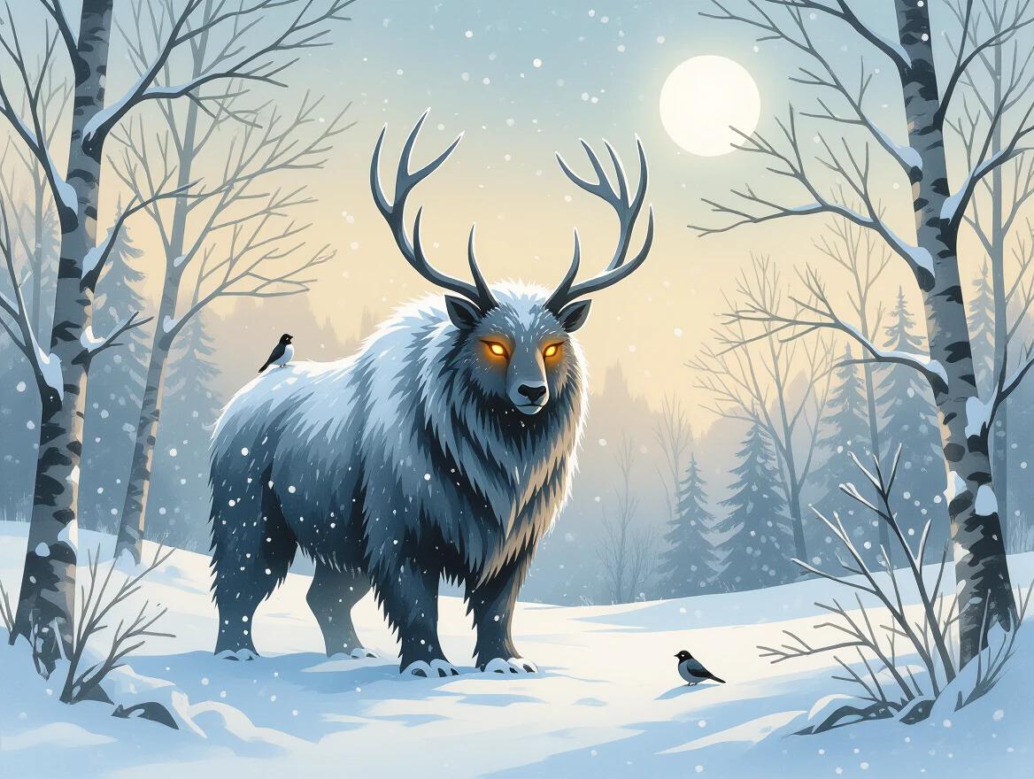 A kind beast covered in stitched fur and frost standing in a snowy clearing. The beast has glowing amber eyes and is surrounded by bare trees and snow-laden branches. The scene features soft twilight blue and muted white tones with falling snowflakes. Small birds are perched on the beast’s antlers and shoulders. A distant full moon casts pale light, creating a peaceful and magical winter atmosphere.