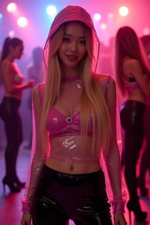 Young Chinese woman with long blonde hair in a hooded pink transparent top, black latex leggings, and high-heeled thigh-high boots in a nightclub. Background features women dancing cheerfully.