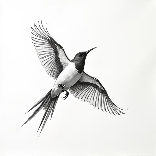 Simple line art of a bird in flight created on white textured paper. High contrast image featuring a detailed and stylized representation of the bird.