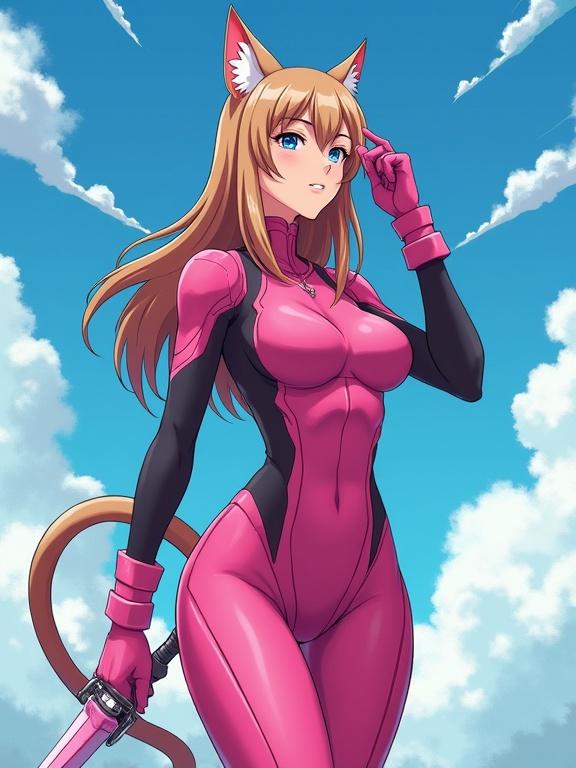 Mature woman with long light brown hair and cat features. Wearing dark pink body suit with pink combat heels. Holding a pink sword. Looking into bright blue sky. Sci-fi theme.