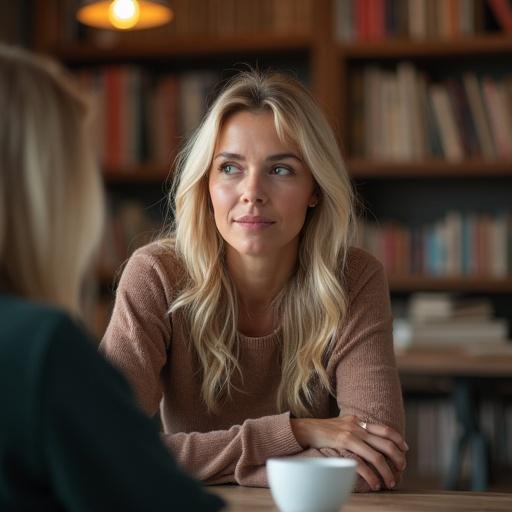 Ultra-realistic image of a blonde woman in a coffee shop. Woman with brown eyes embodies empathy. Engaged in a caring conversation. Atmosphere reflects daily anxiety and support. Cozy library setting with warm lighting.