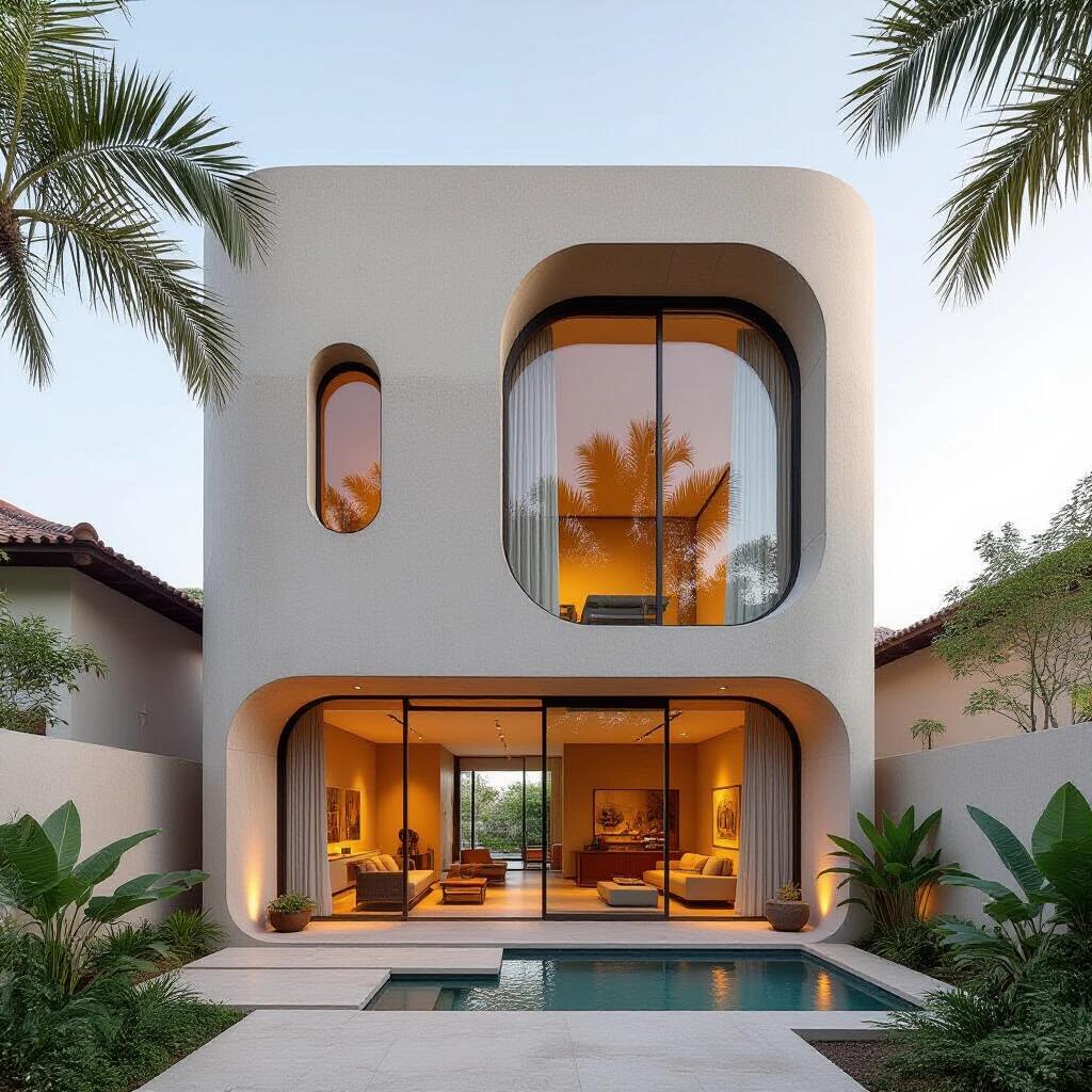 A minimal long three story narrow townhouse features organic finishes and a large glass window that spans from floor to roof. The design emphasizes indoor and outdoor flow. The architecture combines resort-style features with Japandi and African style details.