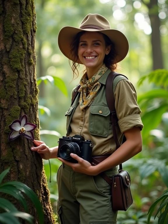 Smiling female explorer in 1930s rainforest. She stands by mossy tree with rare black orchid. Holds vintage Leica camera. Wears khaki safari shirt, utility vest, cargo pants, leather boots, sand-colored fedora. Silk scarf with antique map print. Sunlight filters through ferns.