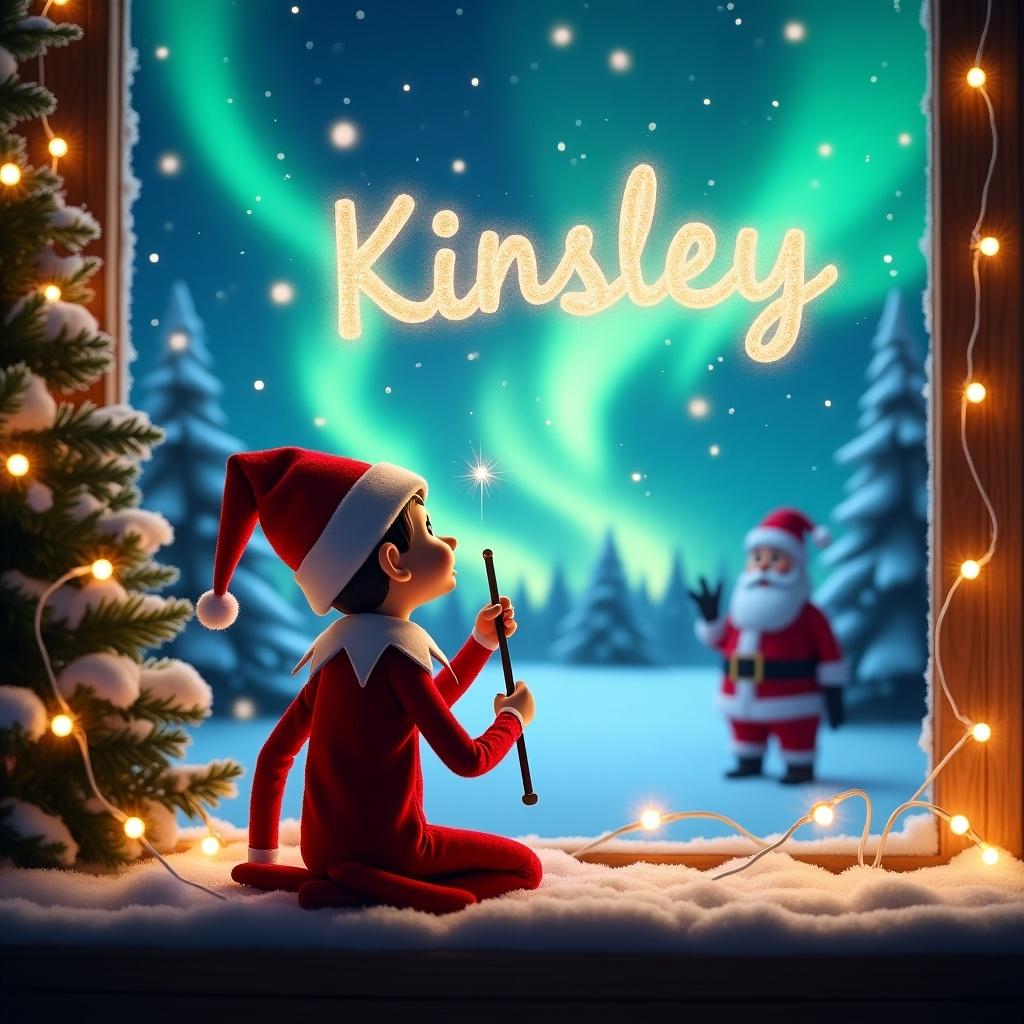 An enchanting holiday scene features an elf on the shelf, sitting with his back to the viewer. The elf gazes up into a magical sky, using a wand to write the name 'Kinsley' in sparkling letters. The backdrop displays vibrant northern lights illuminating a snowy landscape. Fluffy snow blankets the ground, and near the background, Santa Charlie can be seen. Twinkling lights and festive decorations add to the cheerful atmosphere of this Christmas tableau.