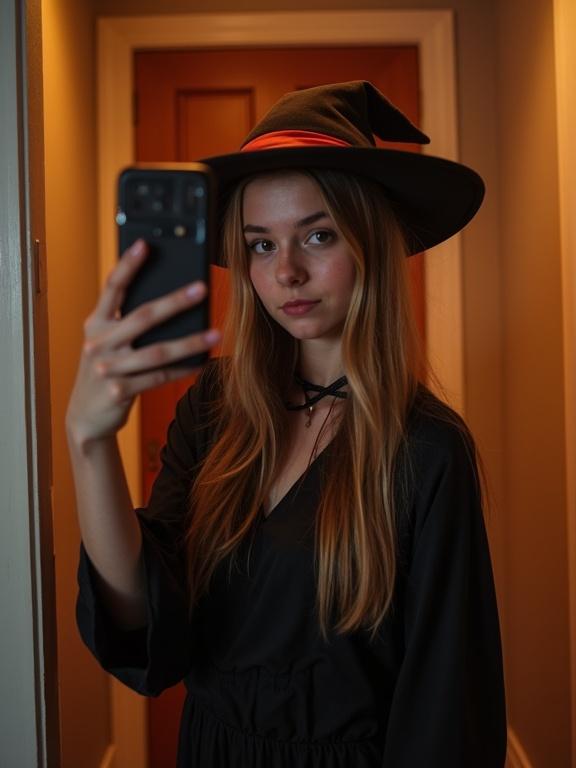 young teen at the door in a Halloween costume taking a selfie, wearing a witch hat