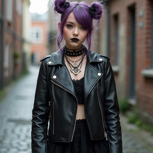 Strikingly cute eastern European goth punk woman stands in an alleyway. She has light hazel eyes and dark eyeliner. Colorful hair tied in two loose buns with black ribbons. Wears a black leather studded biker jacket and lace short skirtdress. Manicure featuring punk goth rings.