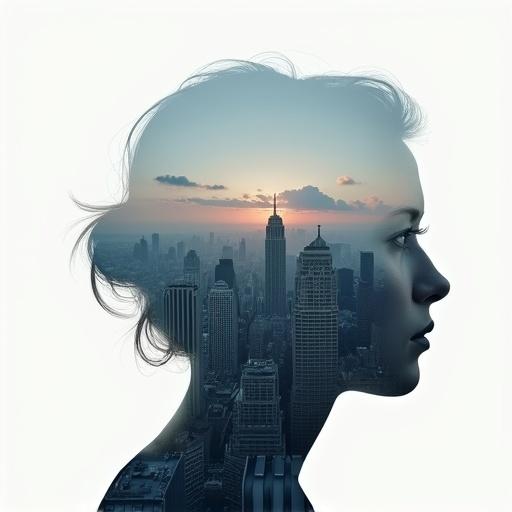 Double exposure portrait featuring a human profile with an urban skyline. Urban landscape fills the face silhouette. Soft colors suggest dawn or dusk. Theme of identity and urban connection.