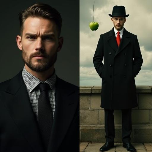 Seamless transition of a sharply dressed man with a patterned shirt in a dark studio background transforming into a man in a black coat and bowler hat against a cloudy sky. Presence of a floating green apple obscuring his face creates a surreal effect. Photorealistic style incorporates Magritte's surreal elements. Soft lighting creates a mysterious ambiance with high detail.