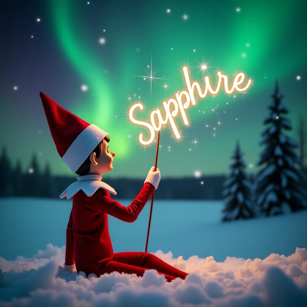 Elf on the shelf in red outfit positioned back to viewer. Facing dark sky with northern lights. Holding magic wand writing 'Sapphire' in sparkling letters. Snowy ground adds serene touch.