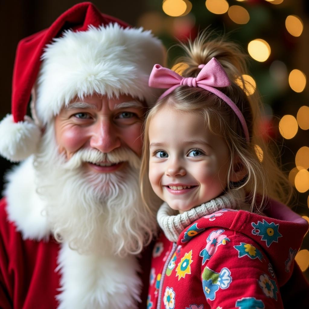 Little girl with Santa during holiday season in cheerful environment. Decorative Christmas lights in background. Joyous expression on child's face.