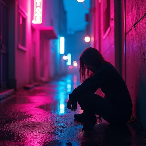 Neon-lit alley with a main character sitting head down. Character surrounded by a pink-blue glow. Rain puddles on the ground reflect the neon lights. Scene transitions from a wide shot to a close-up with a subtle left dolly movement. Flickering neon lights match the beat of the music.