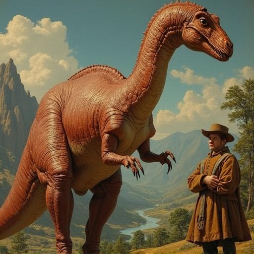 A dinosaur engaged in philosophical thought alongside Leonardo da Vinci. The dinosaur appears thoughtful and serene. Da Vinci is dressed in period clothing. The background displays a natural landscape with mountains and a river. The image invokes curiosity and imagination.