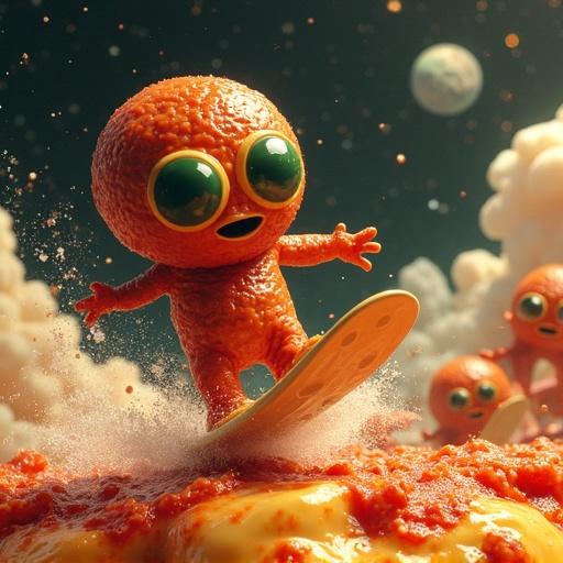 Googly-eyed meatball aliens play in a whimsical scene. They waterski on a molten cheese comet. Pepperoni craters erupt with basil geysers in the background.