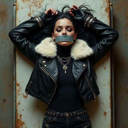 Digital art painting depicting an abducted girl lying on a rusted gurney. Arms splayed overhead and wrists cuffed. Signs of distress visible. Duct tape over mouth. Dark makeup with glitter. Closed eyes and long black hair spread out. Wearing a leather jacket with fur trim and black turtleneck. Black ripped jeans and gloves. Large hoop earrings and a necklace.