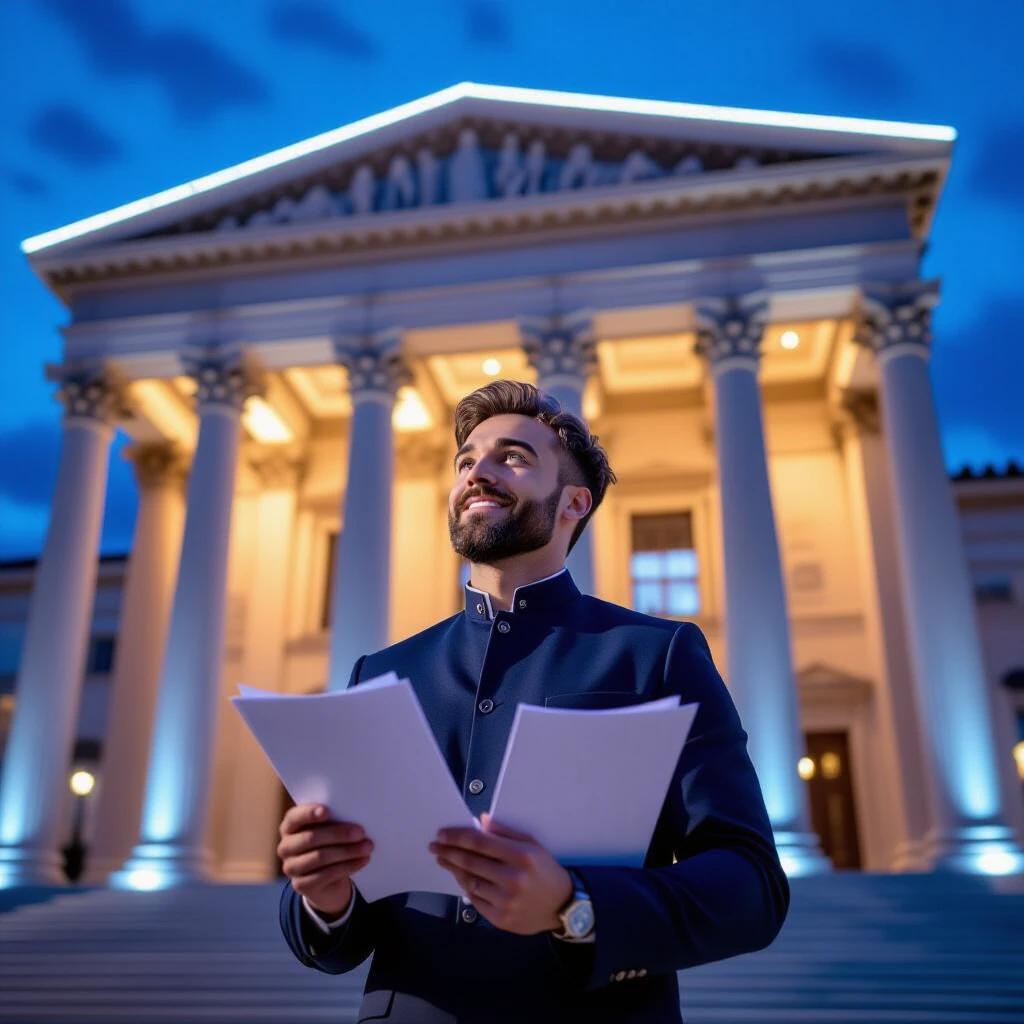 Man wears a navy blue outfit. He looks up with hope while holding papers. Behind him is a Roman column building lit in blue. Neon lines outline the building's edges. The scene has an epic feel at a low angle.