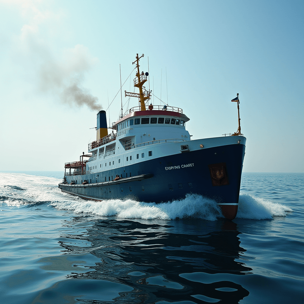 A large ship cruising through the ocean under a clear sky, leaving a trail of waves.