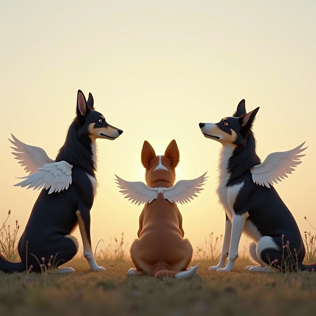 Three animated dogs. Two black and white Fox Paulistinha and one black and beige Border Collie. Dogs are looking at the horizon. One Fox Paulistinha without angel wings. Other two have angel wings. Context of a living dog speaking to two angels looking at the horizon.