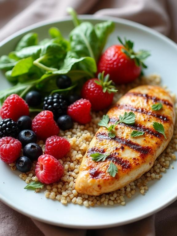 Vibrant plate showcasing heart-healthy foods with dark leafy greens, colorful berries, whole grains like quinoa, and grilled chicken breast.