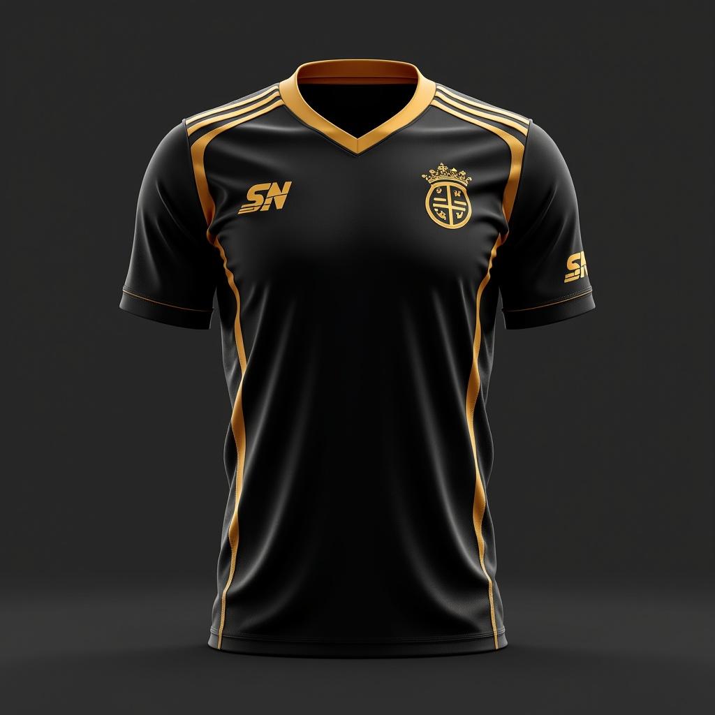 This image features a cricket jersey designed with a black theme complemented by golden accents. The jersey has a modern cut, with a stylish V-neck and short sleeves. It showcases the SN logo prominently, representing a sports brand. The gold details give it a luxurious feel, suitable for a competitive sports environment. The overall design emphasizes elegance and performance, ideal for a cricket team looking for both functionality and style.