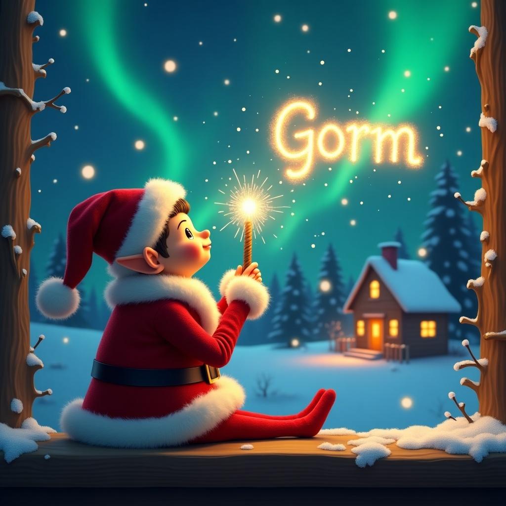 An elf on the shelf sits beside Santa and gazes skyward. It holds a glowing wand emitting sparkling light. The name Gorm is written in glowing letters. The background features a Christmas scene with northern lights and a cozy, decorated house. Snow covers the ground, enhancing the winter atmosphere. The elf embodies magic and wonder of Christmas.