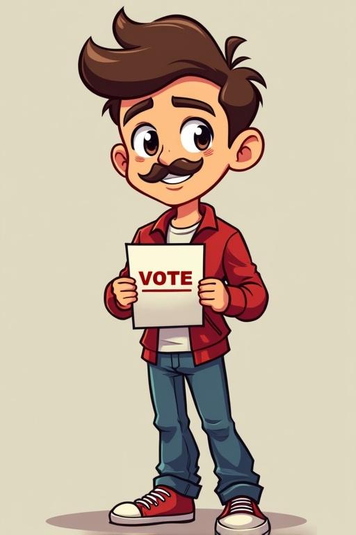 Cartoon of a young guy voting. Character has a little goatee and mustache. He shows a sign that says vote. He has decent muscles. He wears a red jacket, white shirt, and blue jeans.