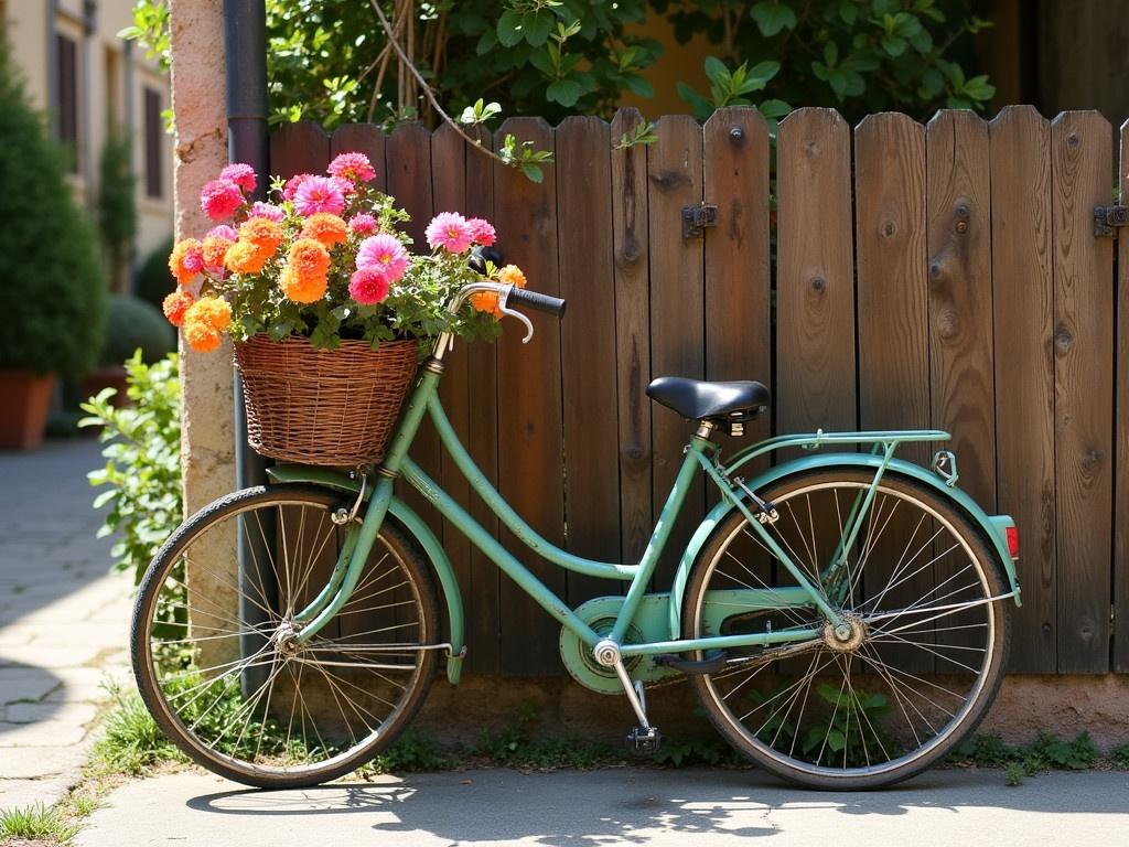 Vintage Bicycle with Flowers. A nice and old bicycle is adorned with vibrant flowers. It rests against a rustic wooden fence. This quaint scene is set on the side of a charming street in a small village in Tuscany, Italy. The surroundings highlight the peaceful ambiance of the village life. The bicycle’s green paint has faded with time, adding character. The colorful flowers create a beautiful contrast against the earthy tones of the fence. Sunlight cascades gently, illuminating the vibrant colors of the flowers.