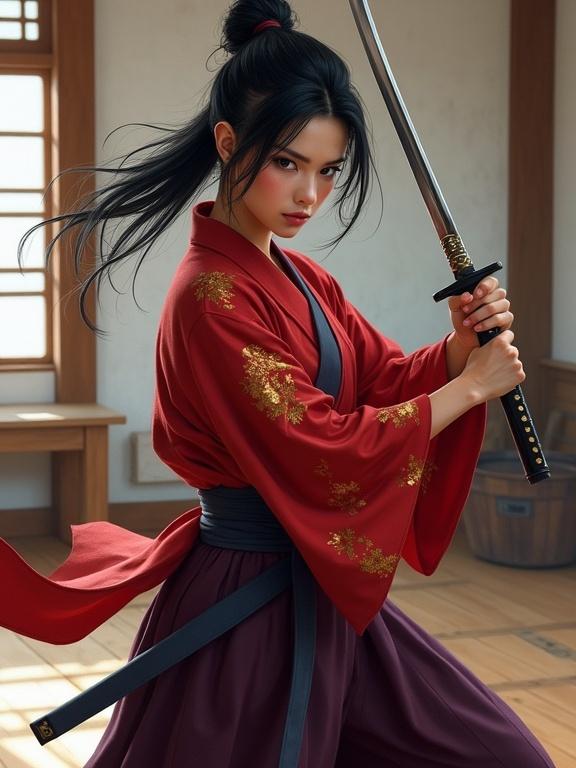 Fierce female warrior with black hair in red kimono holding two short blades. She stands in low fighting stance in dojo with wooden floors and white walls. Intricate kimono details and determined expression.
