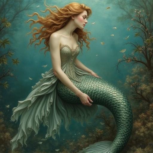 Classic mermaid figure in an underwater scene. Beautifully detailed, flowing hair and a shimmering tail. Soft colors create a magical atmosphere.