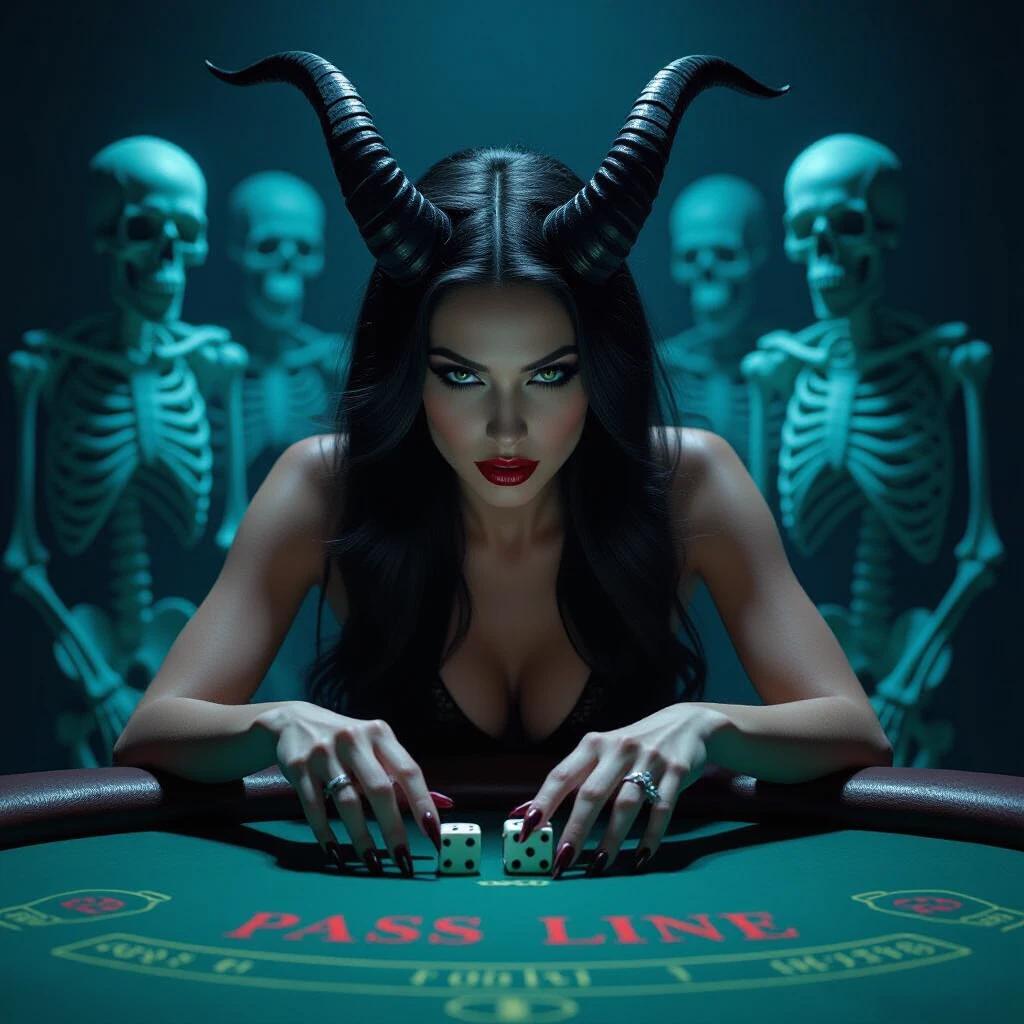 A seductive figure leans over a dimly lit craps table. Long flowing hair with black horns. Crimson lips against pale skin. Claw-like fingers grip luminous dice. Skeletons stand in the background, illuminated in blue-green. Dark backdrop enhances tension. Words 'COME' and 'PASS LINE' visible on table in subdued colors. Blends sensuality with macabre elements, highlighting temptation and danger within gambling.