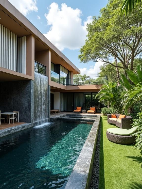 A modern multi-story house has a flat roof and light brown exterior. The house is next to a long dark blue-green swimming pool with a waterfall. The pool features dark gray textured walls and is bordered by lush tropical plants. The ground floor has outdoor seating with a round table and chairs below vertical white slats. On the second floor, a balcony overlooks the area. Artificial green turf with a circular lounger and orange cushions is present. A bubbling jacuzzi is in the foreground, and the sky is partly cloudy.