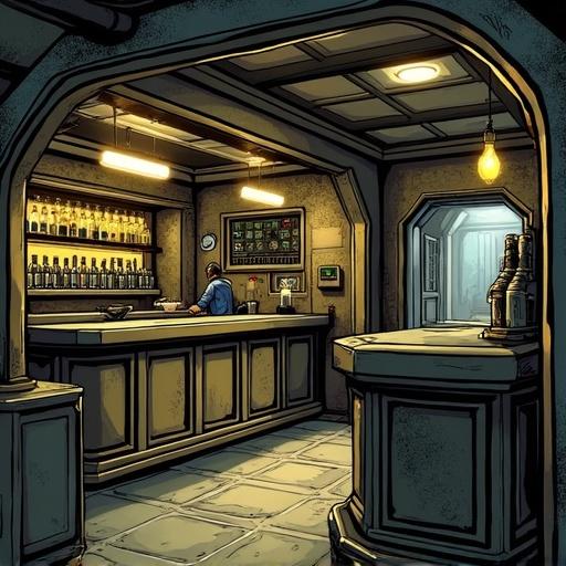 Bar inside a fallout vault depicted in borderlands art style. Features a bar counter shelves stocked with bottles a bartender behind counter and dimly lit room.