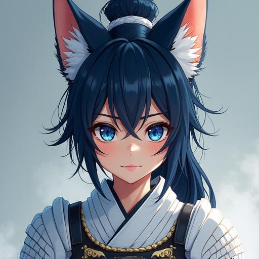 A girl has wolf ears and deep indigo eyes. She wears white samurai armor. The armor is beautifully decorated. Focus on the wolf ears. This is digital artwork.