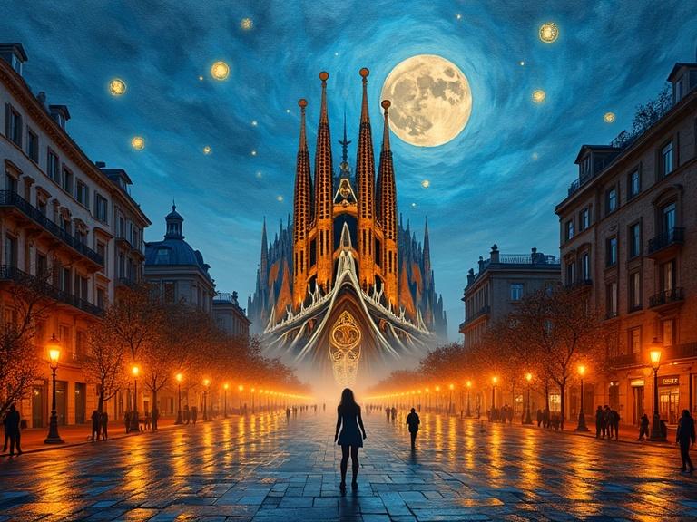 A digital artwork showcases a vibrant layered view of the Sagrada Familia at night. Illuminated by a full moon and surrounded by fog. The scene captures a reflective public square. Thick textured layers of paint create depth. A starry sky reminiscent of Van Gogh adds to the drama. The focus is on the intricate details of the architectural structures. It evokes feelings of wonder and beauty.