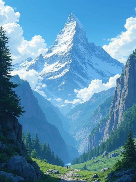 A wallpaper style image for a medium-sized phone with a rocky mountain inspired by Studio Ghibli. Scenic view of a towering snowy peak surrounded by lush green forests and a valley.