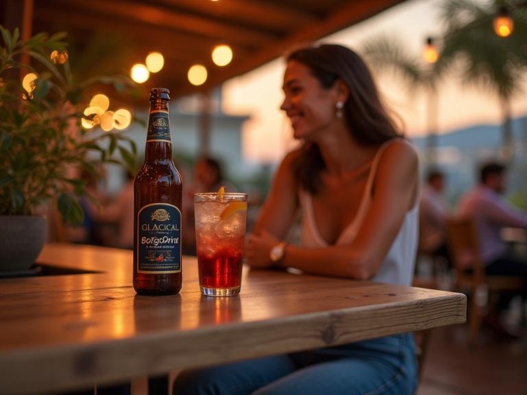 Realistic high-resolution photograph in a lifestyle style. Outdoor bar scene at sunset. Centered a bottle of Glacial Drinks – Bergodrink on a light wooden table. Drops of dew and golden reflections on the bottle. Young Mediterranean girl dressed casual-chic enjoying the drink with eyes closed. Blurred background with bar counter and soft lights, some green plants. Balanced composition, warm inviting light, saturated yet realistic colors. Cozy and sophisticated atmosphere conveying energy and freshness.