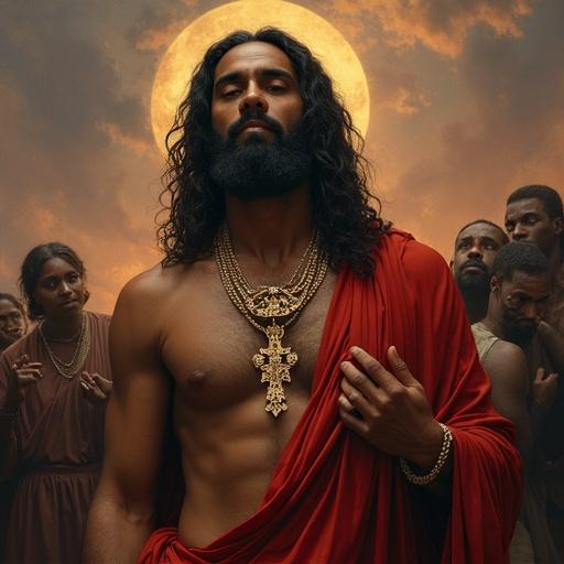 Portrait of a man wearing a red robe and a large necklace. Several figures appear in the background. A glowing halo is present in the background.