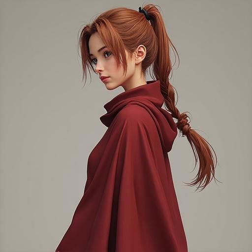 Image shows a petite character resembling Aerith from Final Fantasy VII Remake wearing a loose oversized red poncho. The image captures a side view highlighting the silhouette and flow of the garment, with one shoulder exposed.