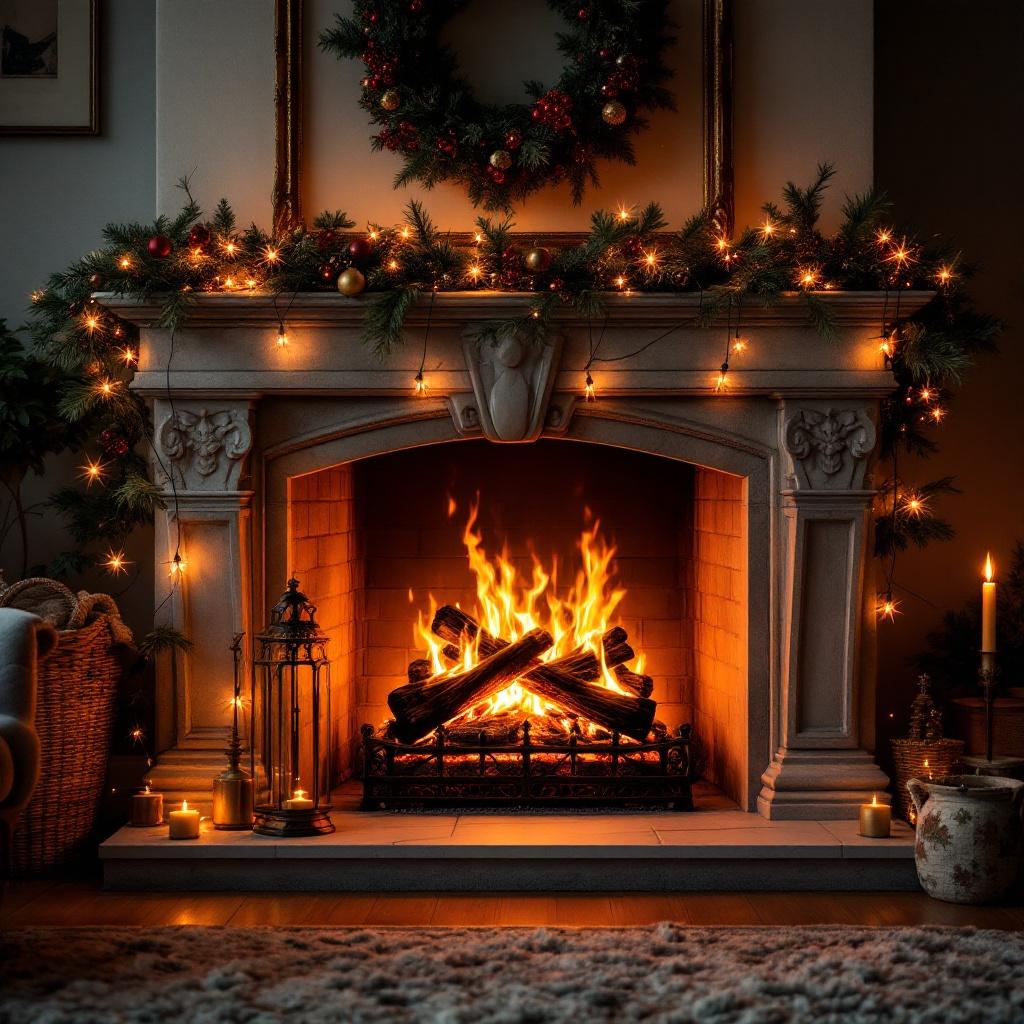 Elegant fireplace with burning ambers adorned with Christmas lights. Warm and inviting atmosphere with decoration and candles.