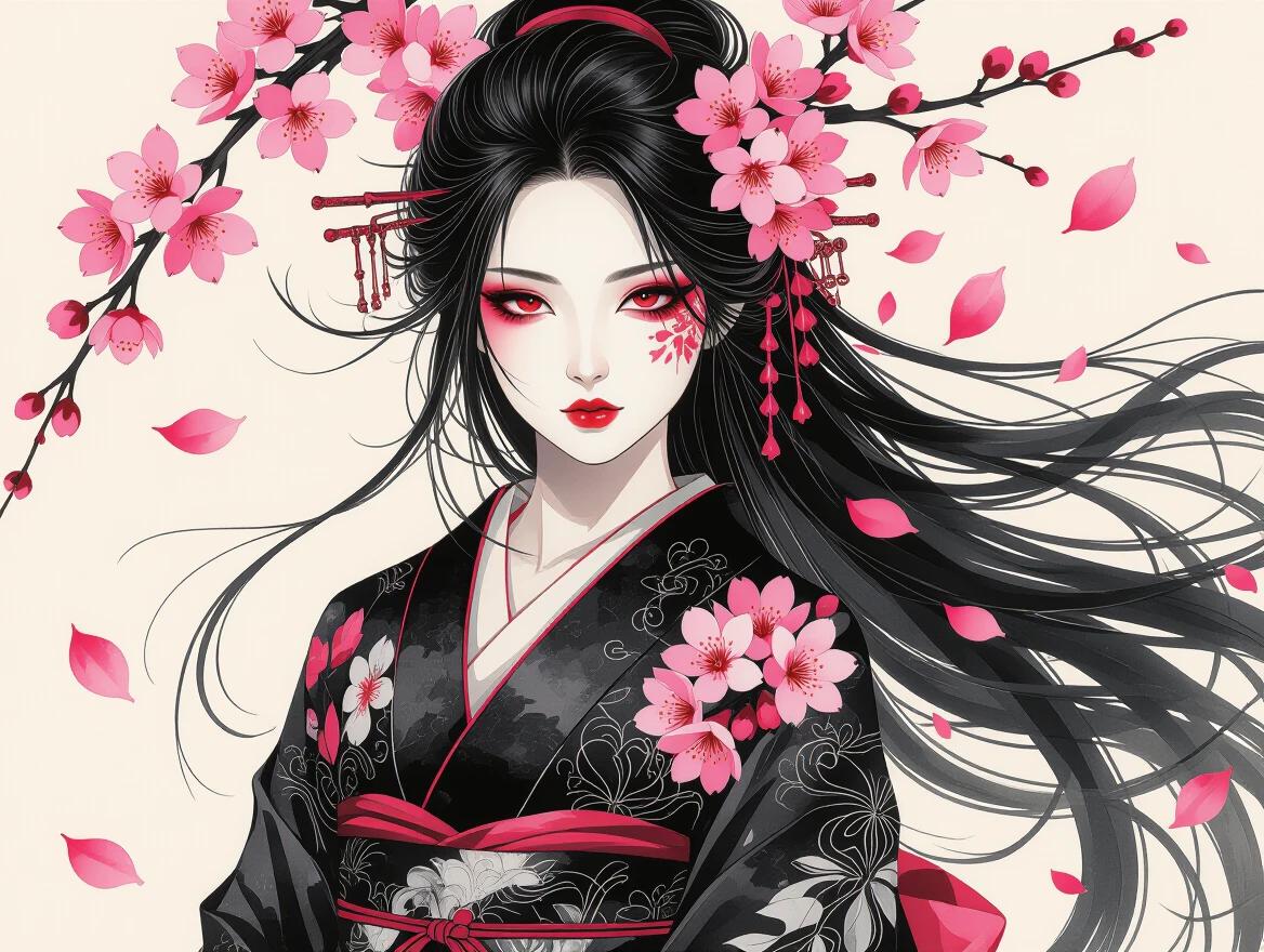 Dark gothic Japanese woman with long flowing hair. Black kimono with intricate patterns. Bright coral-pink cherry blossoms surround her. Dramatic makeup with red eyeshadow. Pale skin and red lips. Falling petals create a dreamy effect. Soft beige atmospheric background. Traditional Japanese ink wash painting technique is used.
