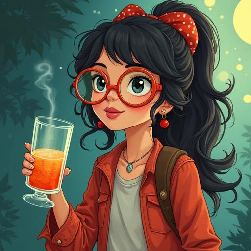 Character from a comedic fantasy book. Girl with thick round glasses. Casual attire. Holds a drink in hand. High energy and curiosity. Features humor and whimsy. Represents impulsive and idealistic traits.