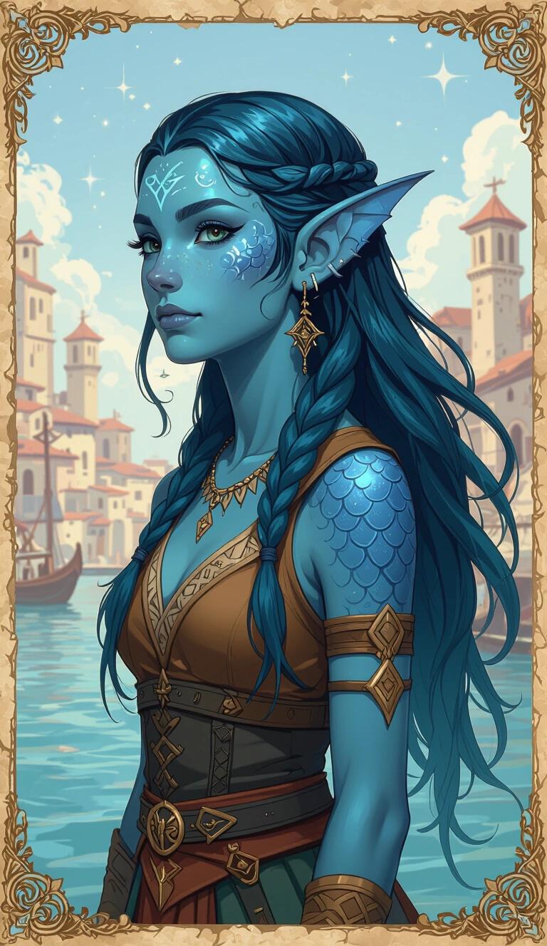 Acrylic painting style illustration of a young druidic fish-girl. Character has sharp finned ears and fully blue coloured skin with fish scales. Set in an ancient Therosian fantasy port city. She wears Theros-style clothing. The girl has long slick-backed green-blue hair. She is depicted as a constellation diviner.