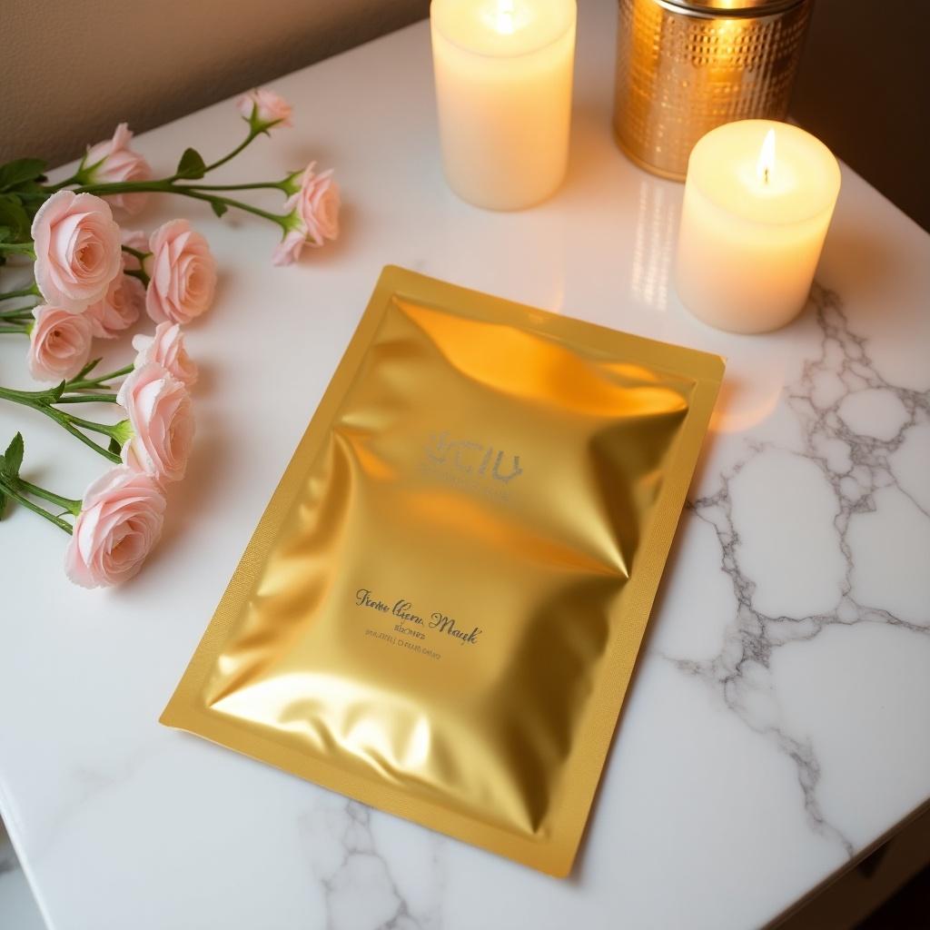 This image showcases a luxurious 24k gold sheet mask placed elegantly on a marble table. Surrounding the mask are soft pink roses, adding a touch of elegance and femininity. Two glowing candles are positioned nearby, creating a calming atmosphere perfect for self-care. The gold packaging of the mask reflects light, enhancing the sense of luxury. This setup is ideal for promoting skincare and wellness products in a tranquil setting.